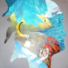 collage astratto su carta a formare profilo di donna